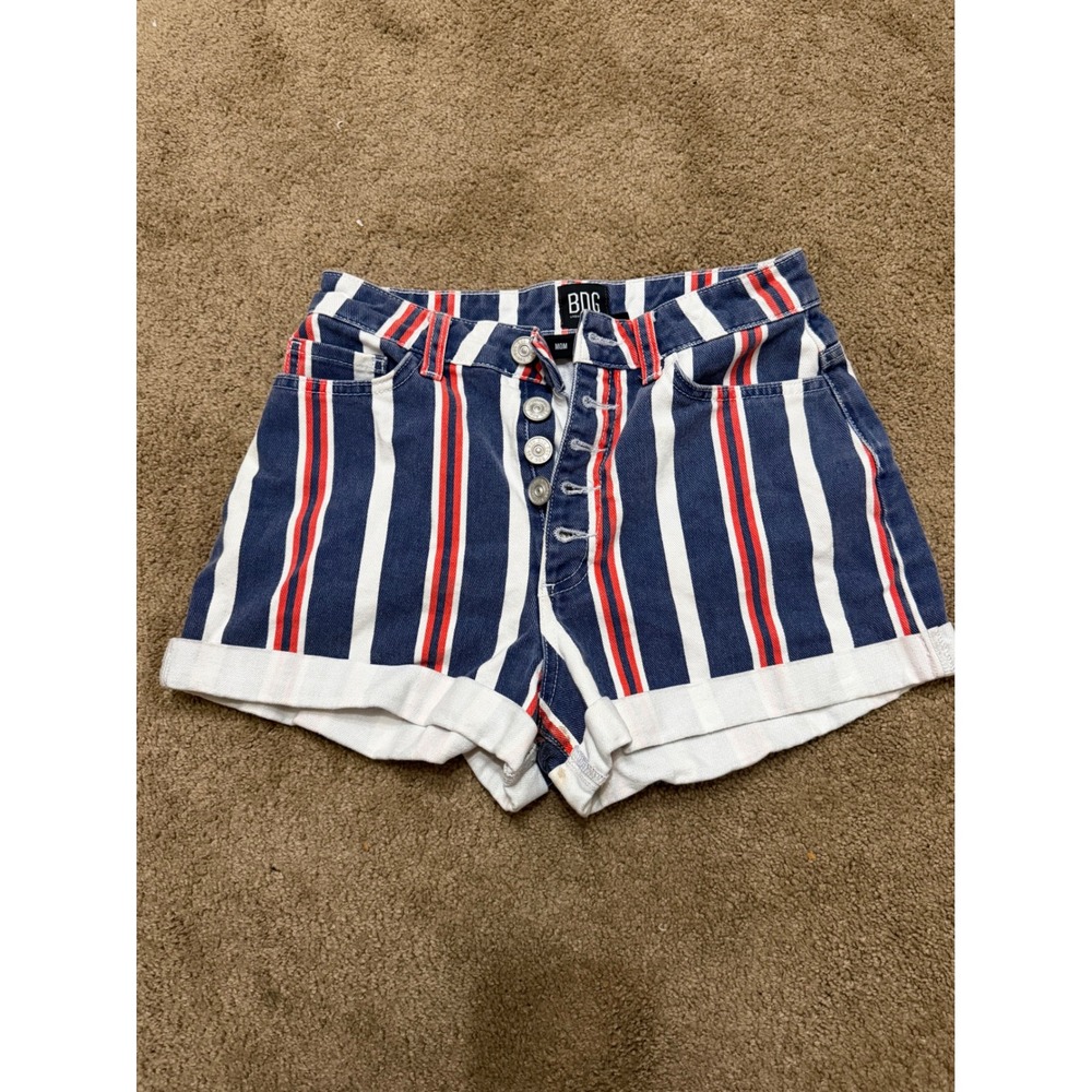 BDG Mom Shorts Women 25 Blue Red White Excellent Striped Button Fly High Waist